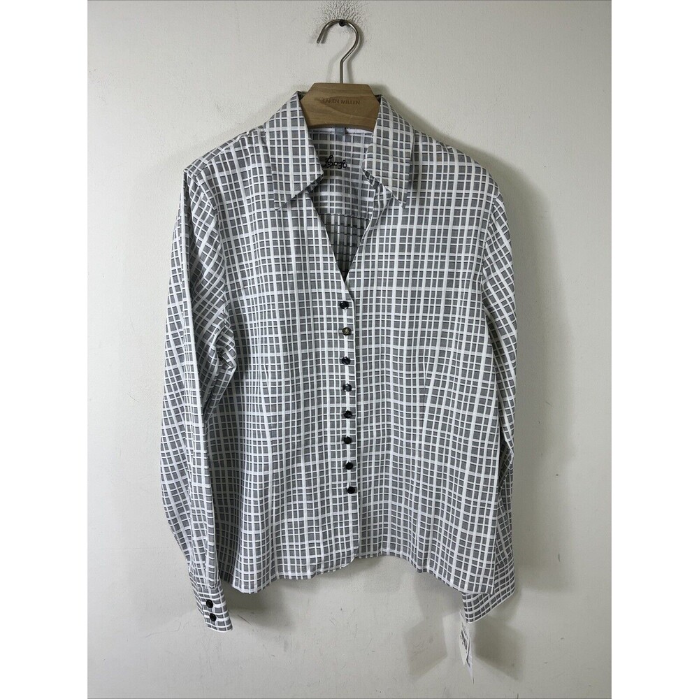 Foxcroft Blouse Women Sz 10 Fitted White Gray Check Long Sleeve Button Shirt NWT